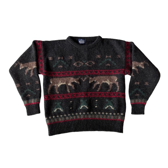 Woolrich Sweater Mens Gray Wool Blend Deer Crew Neck - Picture 1 of 5